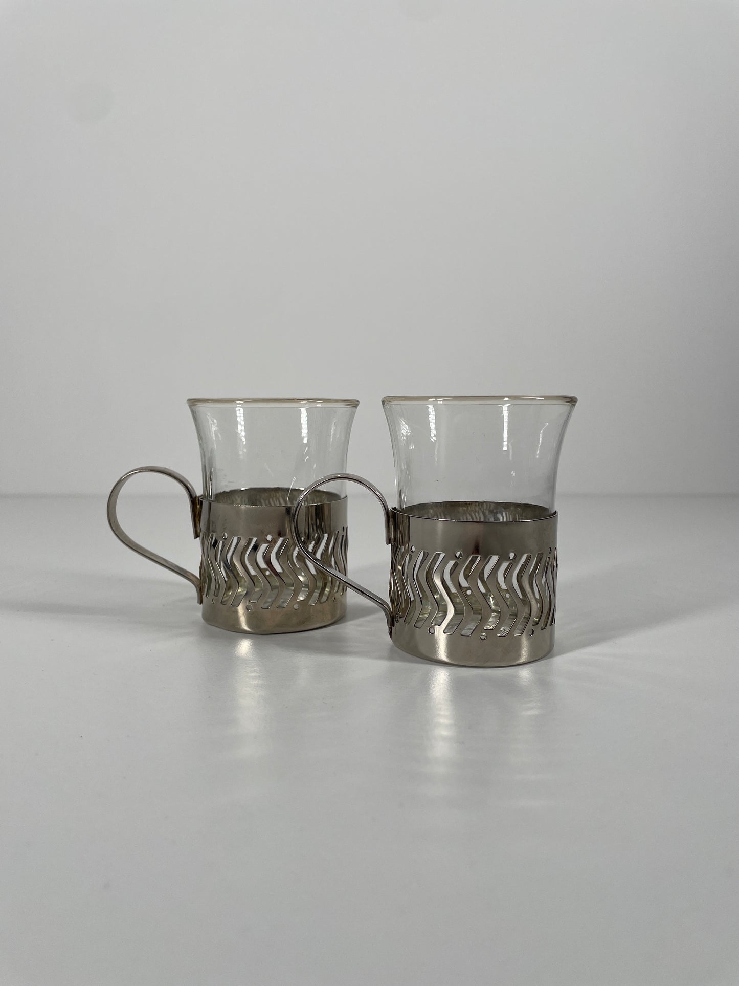 Pair of Vintage Glass & Metal Espresso Cups
