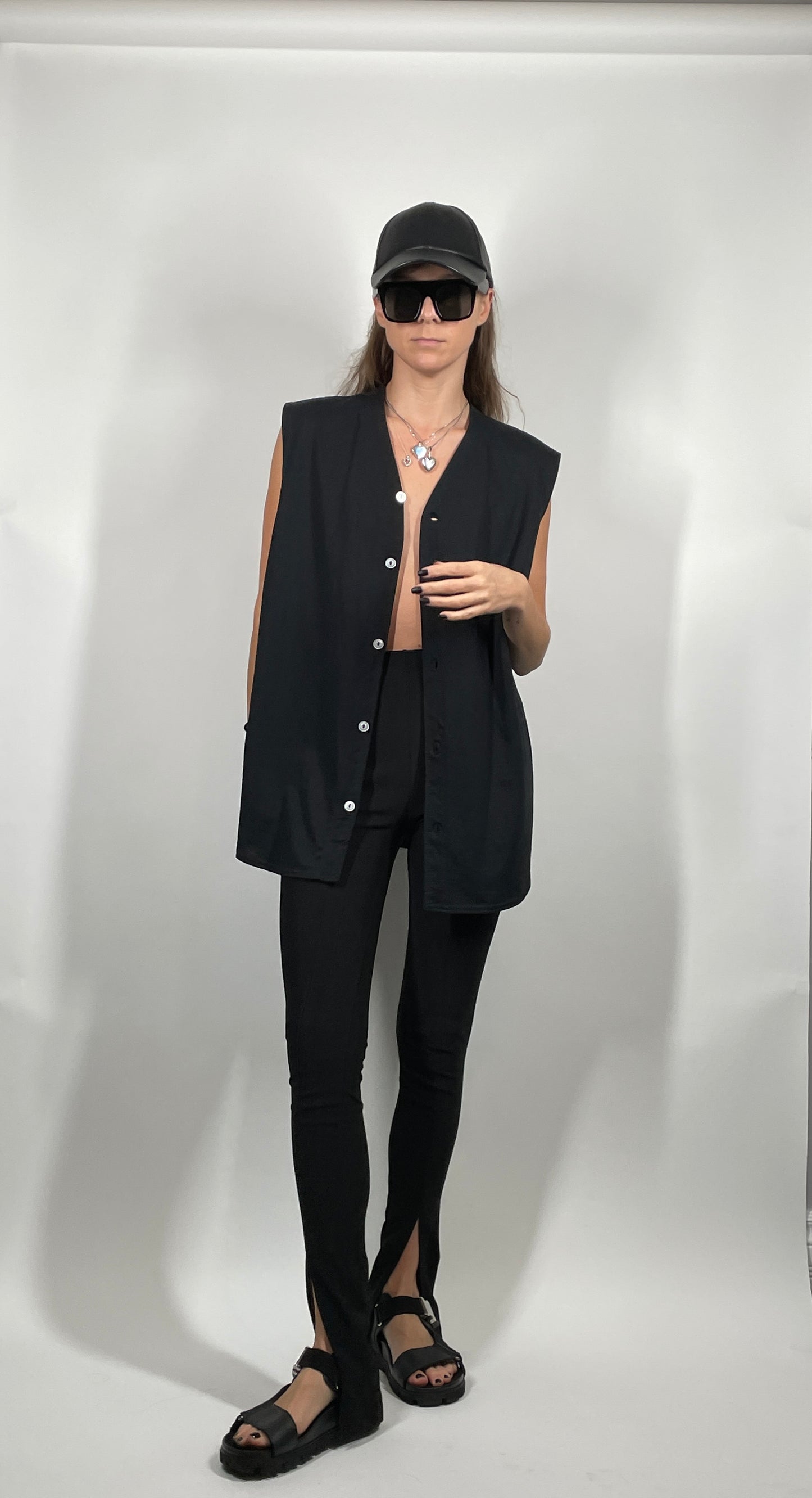 Black Baseball Cut Off Cotton Button Up