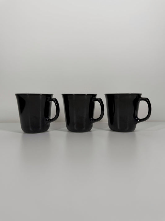 Vintage Corning Ware Black Glass Mugs (Set of 3) — Made in USA