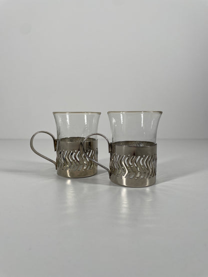 Pair of Vintage Glass & Metal Espresso Cups