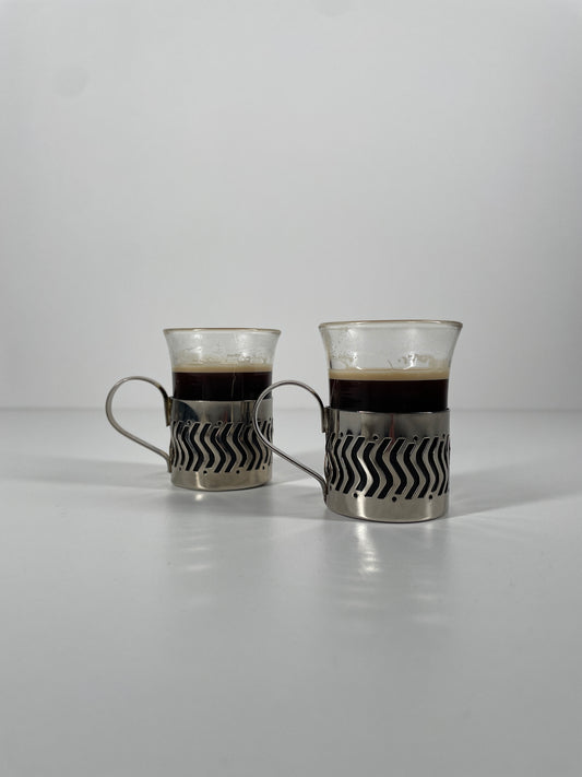 Pair of Vintage Glass & Metal Espresso Cups